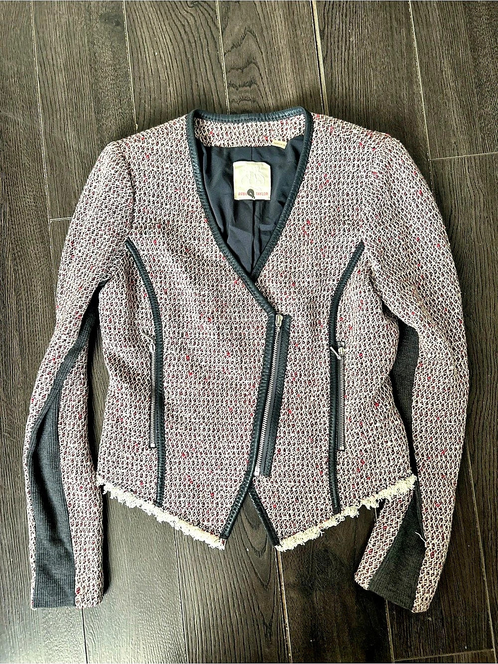 Rebecca Taylor Tweed Fringe Zip Jacket in Red & White